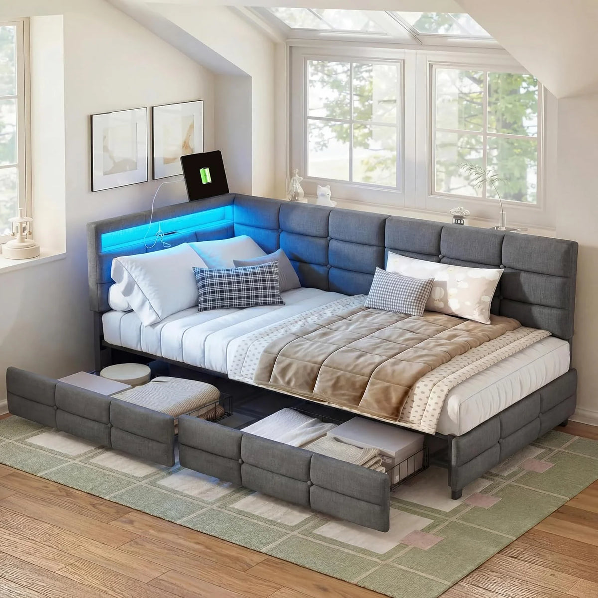 łóżko tapicerowane, 90 x 200 cm z gniazdami LED i USB, łóżko młodzieżowe ze stelażem z drewna i 2 szufladami, łóżko dziecięce, sofa do spania, łóżko dzienne, rama łóżka, len, kolor szary, bez