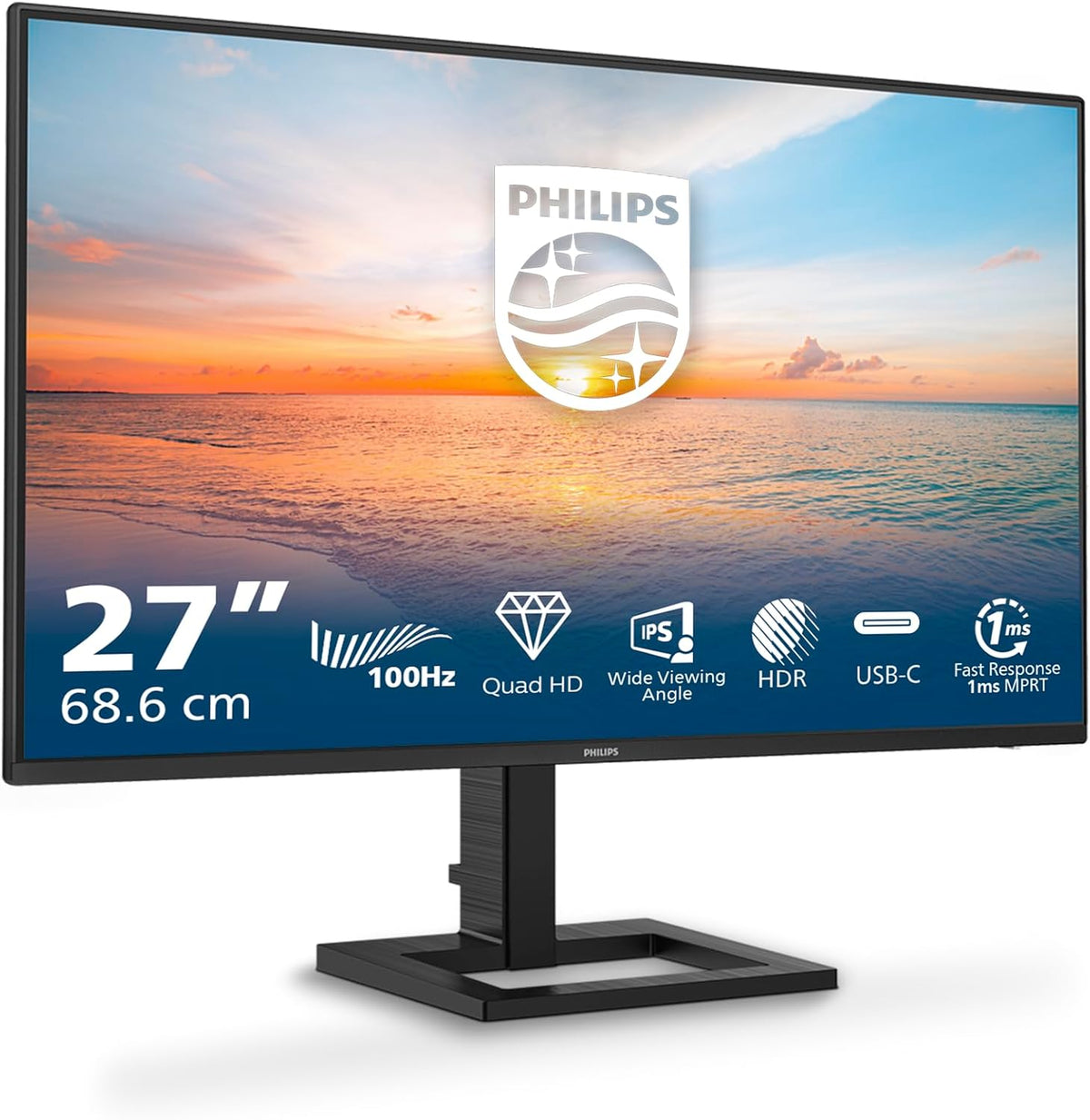 Philips 27E1N1600AM - Monitor Quad HD de 27 pulgadas, altavoces, altura ajustable (2560x1440, 100Hz, HDMI 1.4, USB-C (65W PD), concentrador USB) Negro