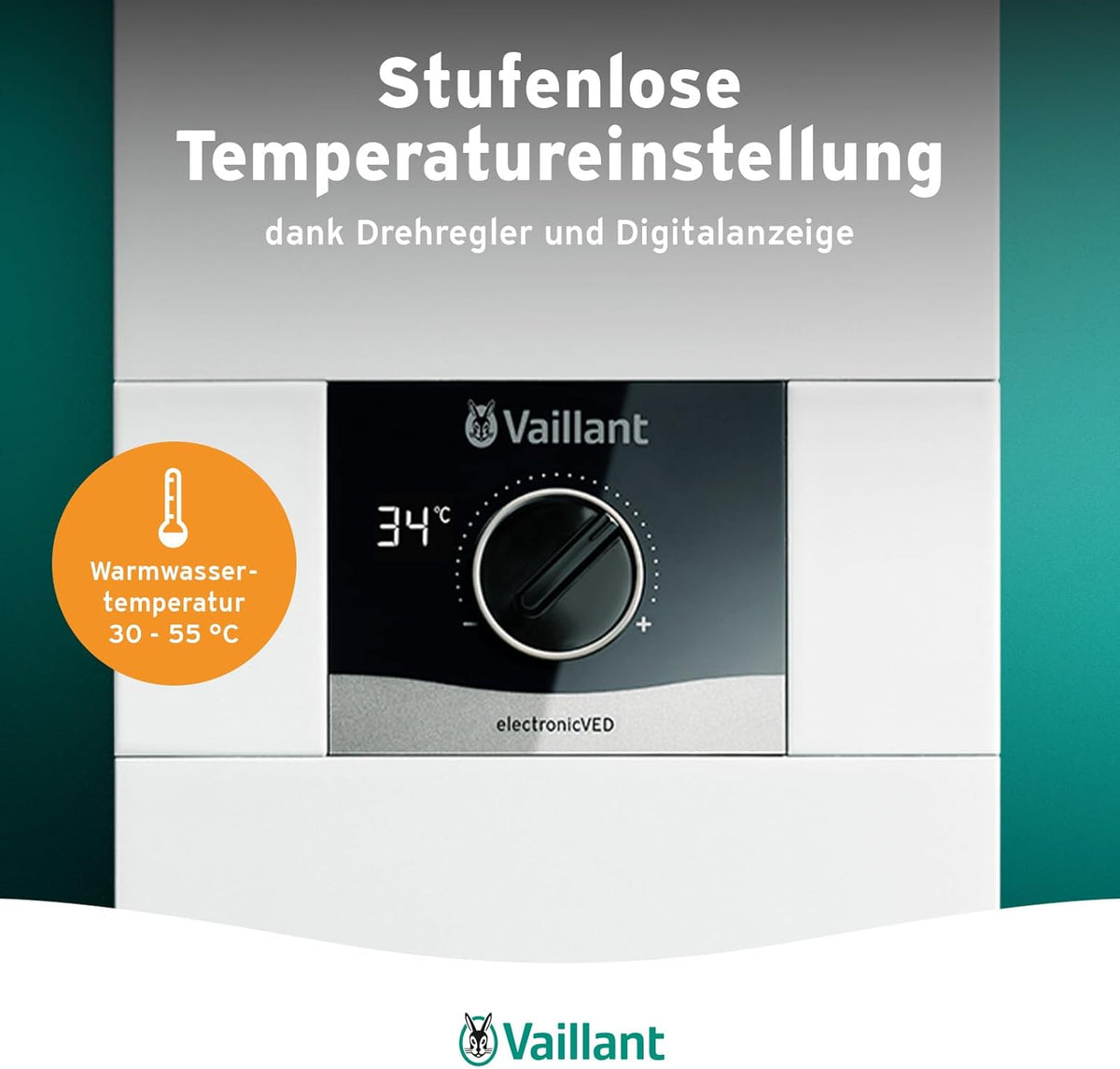 Calentador de agua electrónico Vaillant, VED E 21/8, resistente a la presión, 21 kW, 400 V, temperatura de salida precisa, regulable de forma continua, pantalla digital, 0010023778, [Clase de eficiencia energética A]