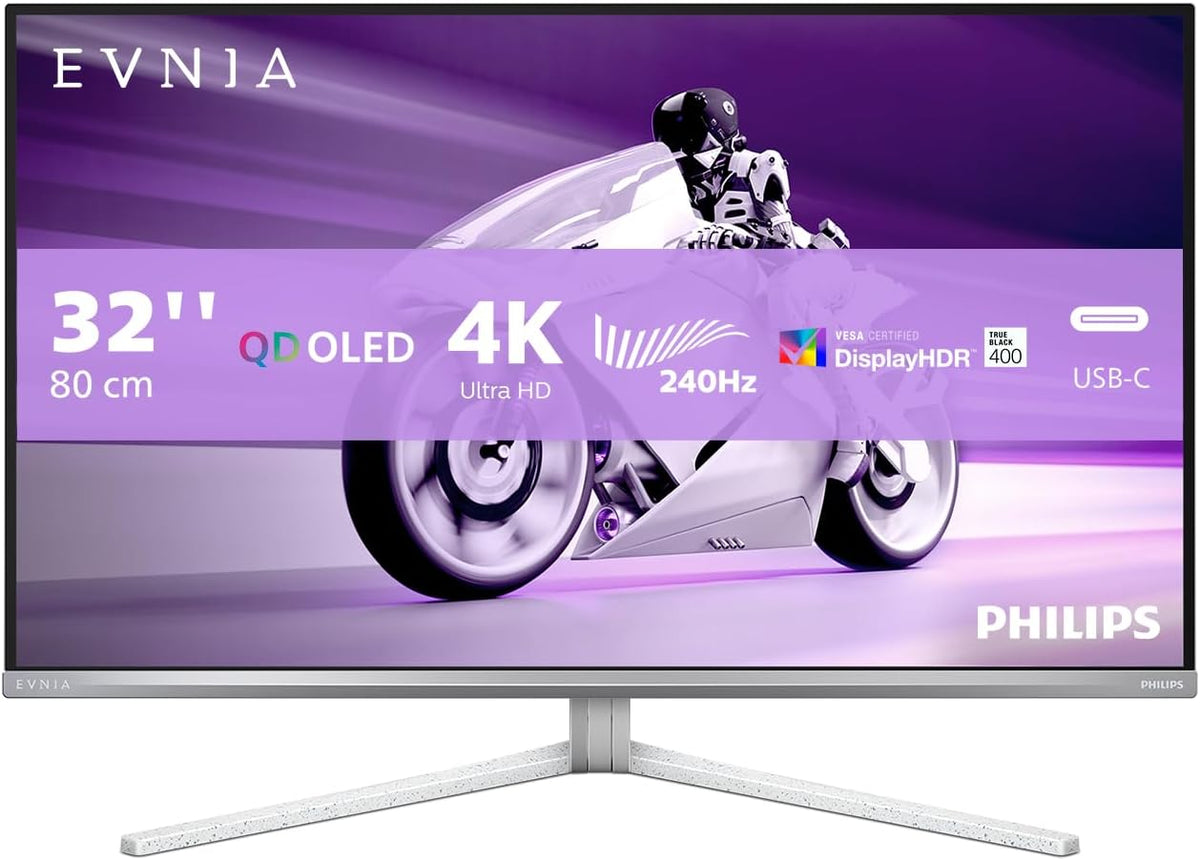Philips Evnia 32M2N8900 - Monitor de juegos OLED UHD de 32 pulgadas, 240 Hz, 0,03 ms, HDR400, FreeSync Prem. Pro, compatible con G-Sync. (3840x2160, 2x HDMI 2.1, 1x DP 2.1, 1x USB-C (65W PD), concentrador USB) Blanco