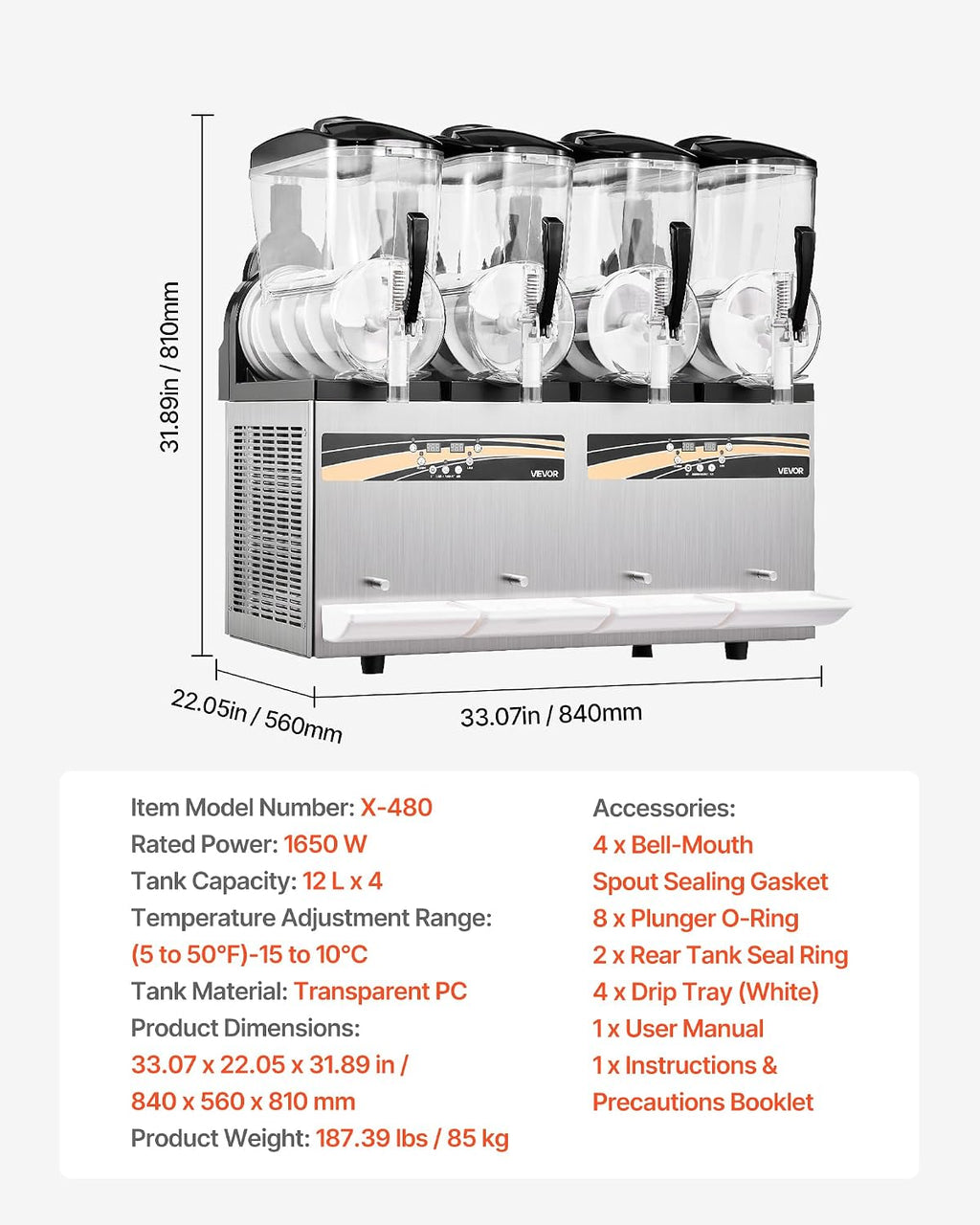 Máquina de granizados VEVOR 4 x 12 L, fabricante de granizados de 1650 W (no necesita hielo), máquina eléctrica para margaritas con función de autolimpieza, adecuada para margaritas granizadas, frappés, batidos y licuados