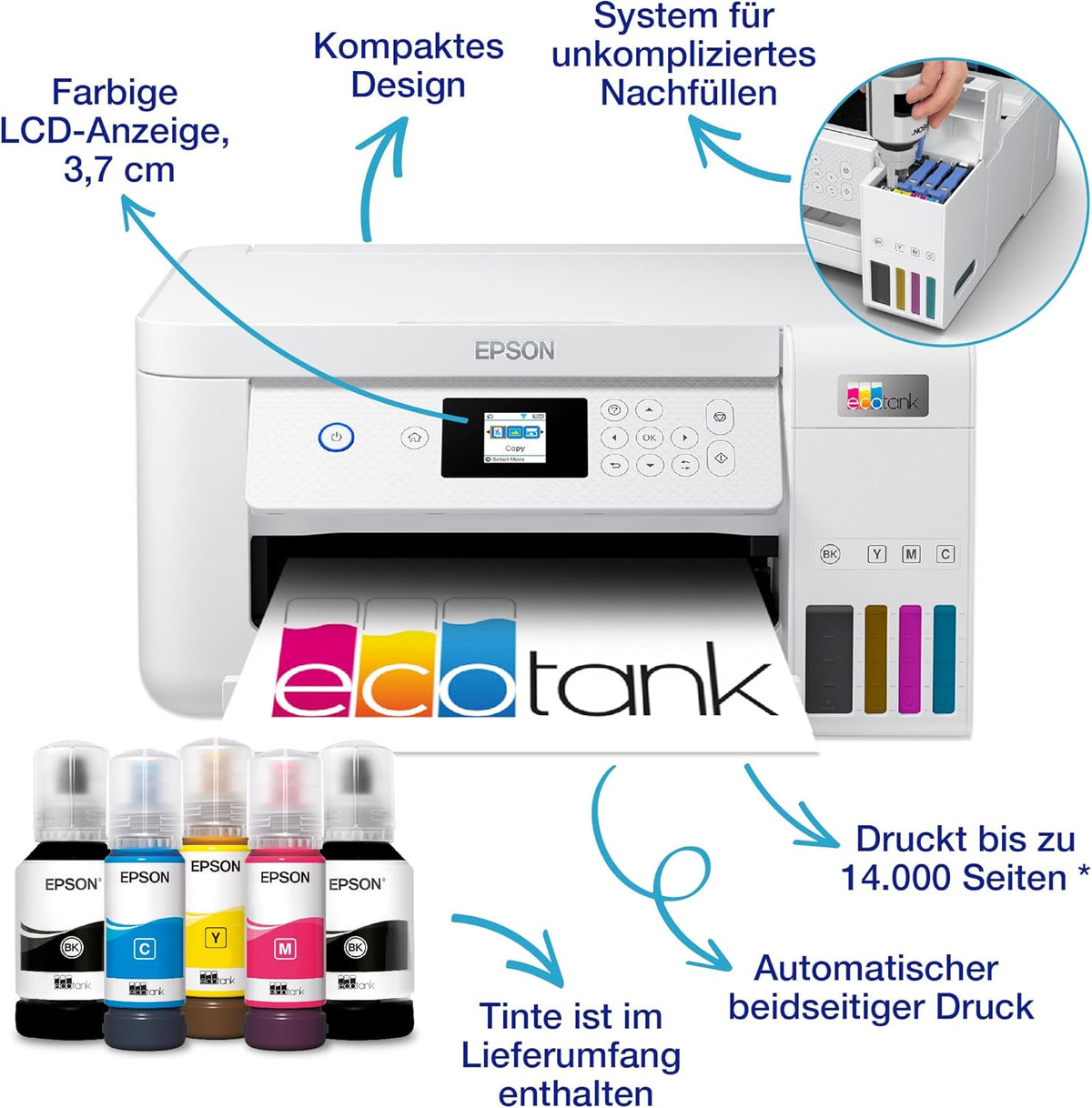 Impresora multifunción de inyección de tinta Wi-Fi Epson EcoTank ET-2826 A4, con un suministro de tinta incluido de hasta 3 años