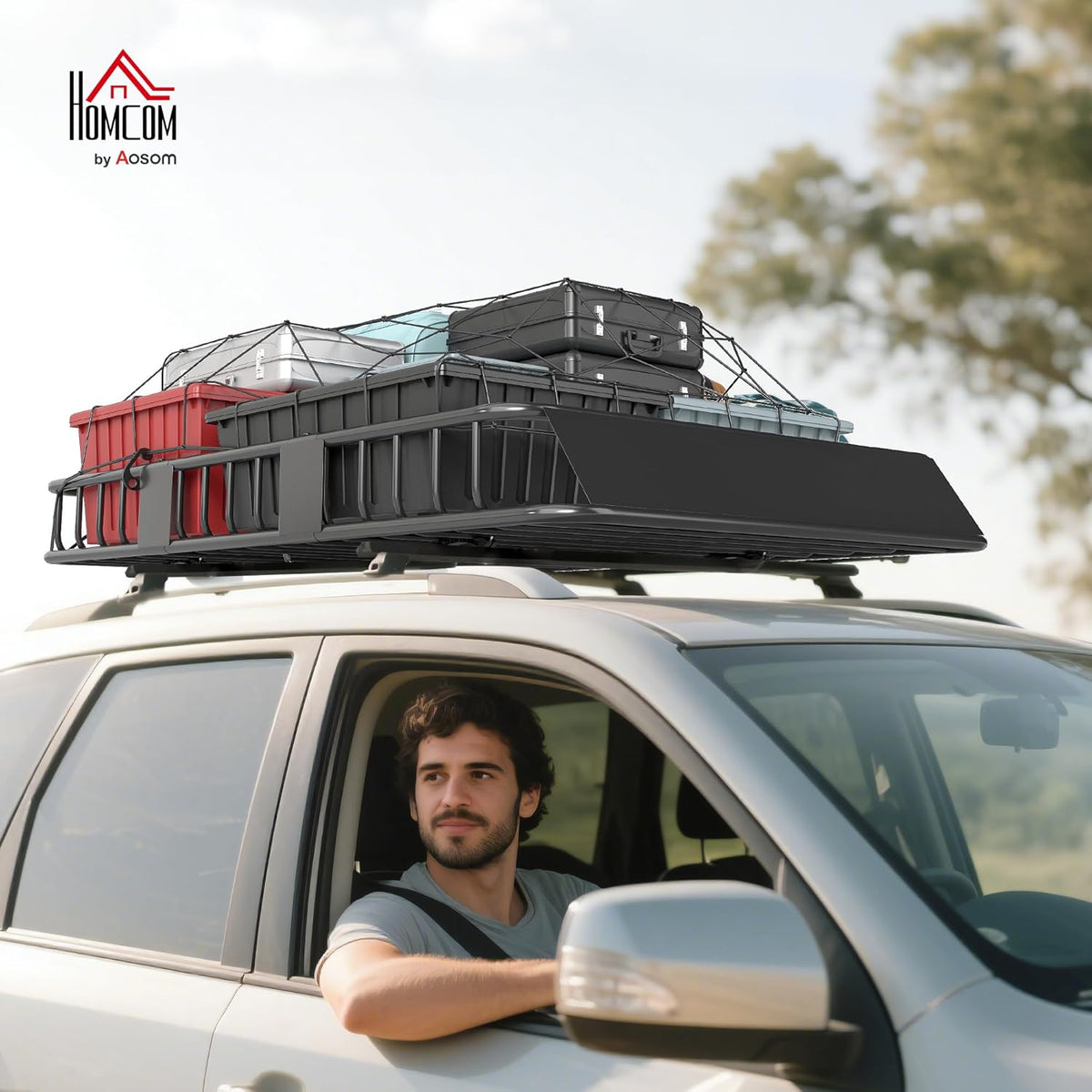 HOMCOM Portaequipajes para coche, baca de techo ajustable en longitud de 109 a 162 cm, carga máx. 100 kg