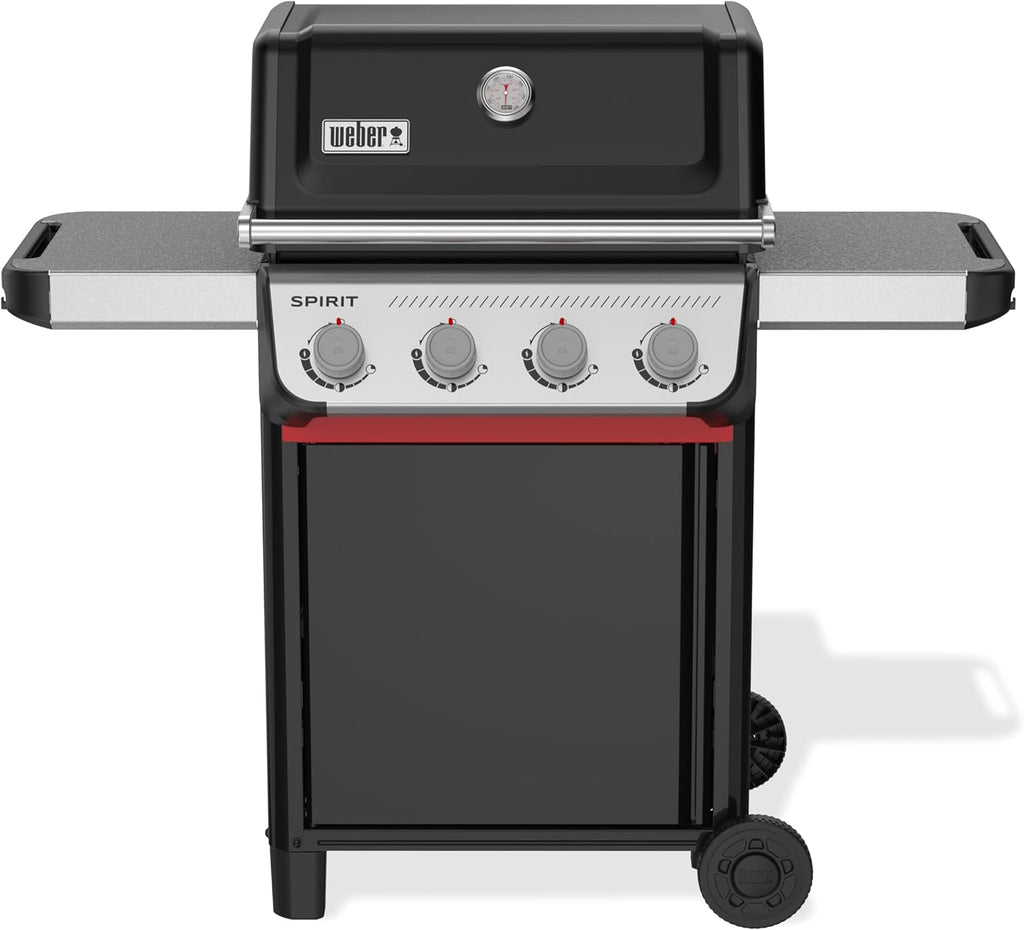Barbacoa de gas Weber Spirit E-410 / 4 quemadores, encendido piezoeléctrico, ruedas robustas y rejilla de calentamiento, superficie de cocción de 51 x 46 cm, compatible con mesas laterales Weber Works, negro/plata