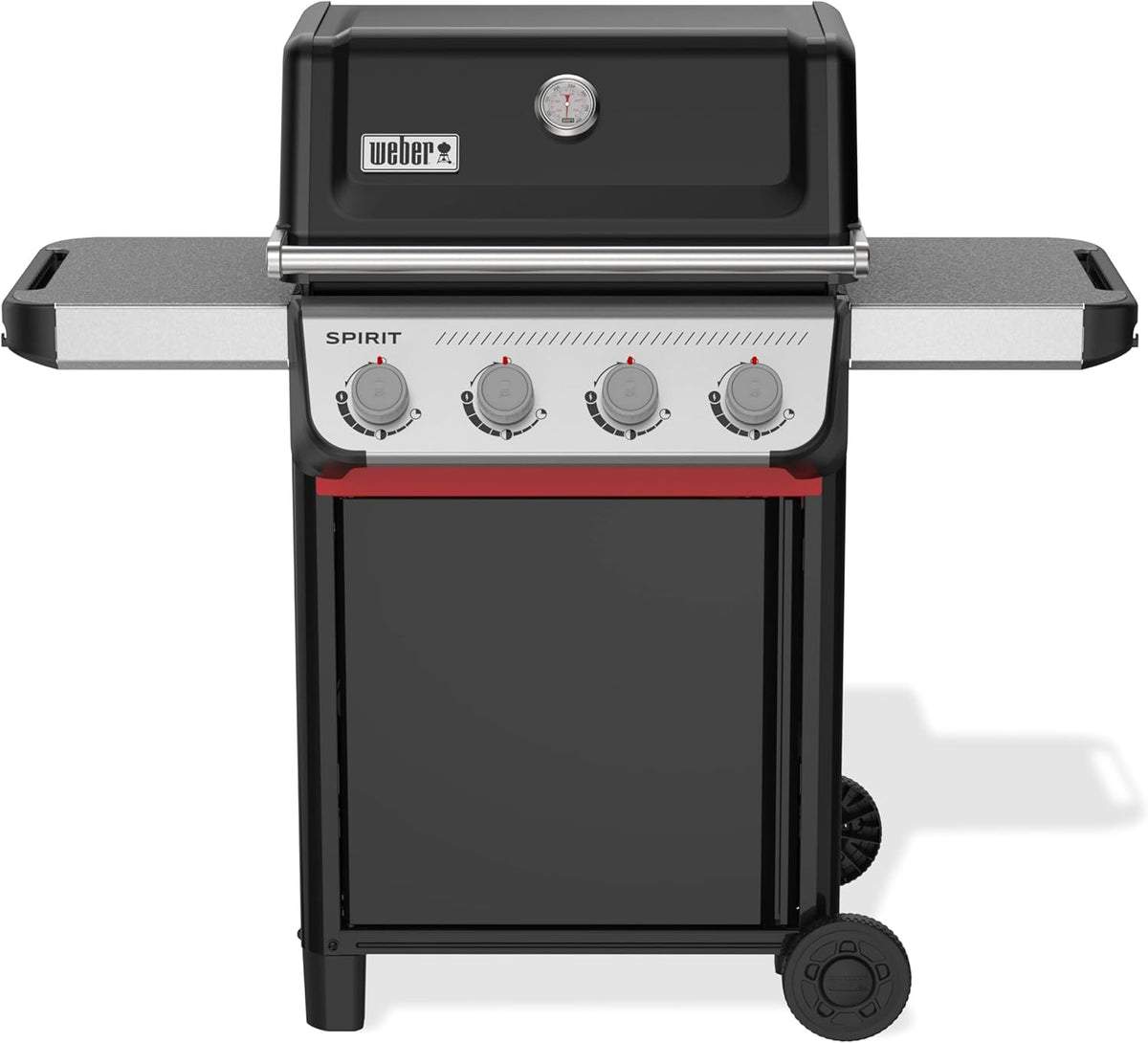 Barbacoa de gas Weber Spirit E-410 / 4 quemadores, encendido piezoeléctrico, ruedas robustas y rejilla de calentamiento, superficie de cocción de 51 x 46 cm, compatible con mesas laterales Weber Works, negro/plata