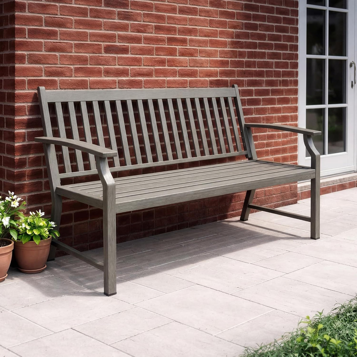 UDPATIO Banco de jardín de metal con aspecto de madera, banco resistente a la intemperie para exteriores, banco de 2-3 plazas para balcón y jardín, muebles de balcón con respaldo y reposabrazos, gris