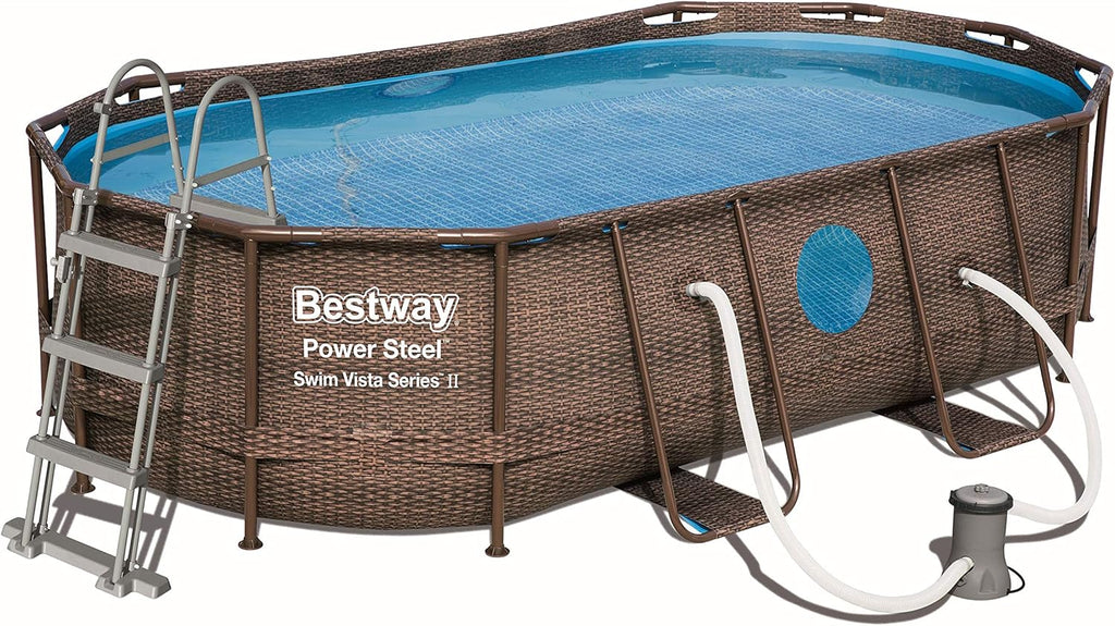 BESTWAY - Piscina Desmontable Tubular Power Steel 427x250x100 cm Depuradora de Cartucho 2.006 l/h Escalera y Cobertor Diseño Ratán