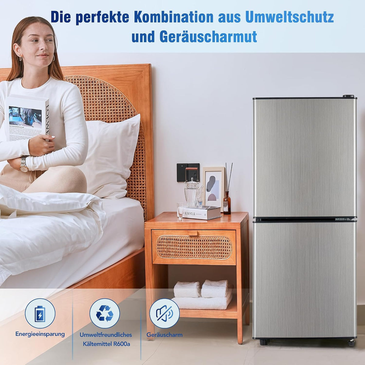 Frigorífico con congelador Merax de 106 l, combinación de frigorífico y congelador con nevera de 60 l, congelador de 46 l, 7 ajustes de temperatura, iluminación LED, estantes ajustables, funcionamiento silencioso de 45 dB, gris plateado