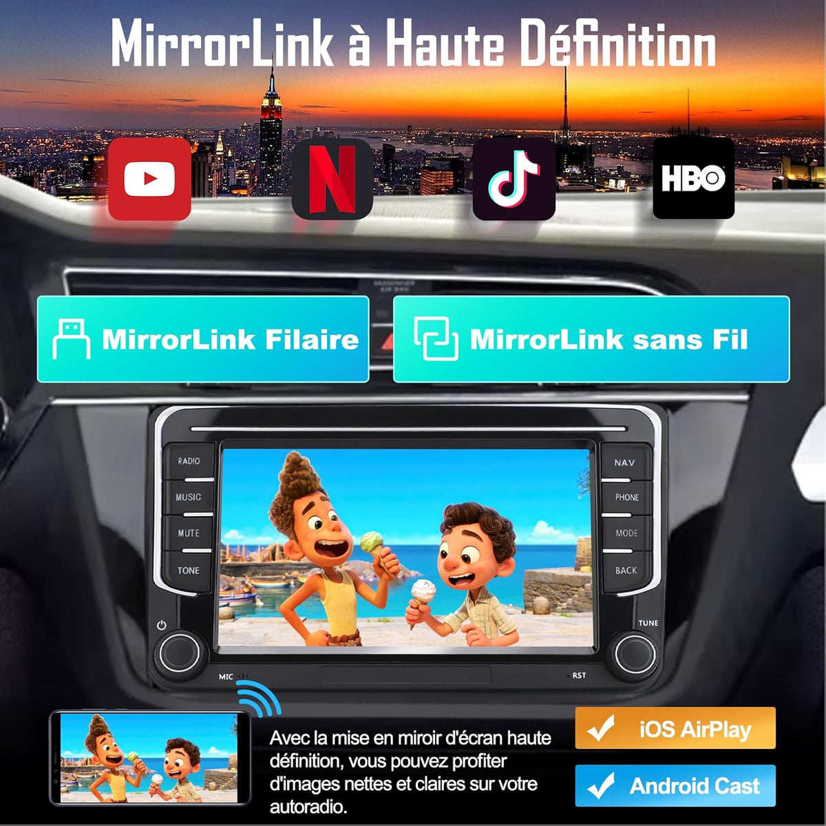 MRSXWPY Autorradio 2 DIN, Radio de coche de 7" para VW Golf, Passat, Seat, Touran, Skoda, CarPlay y Android Auto, Controles en el volante, Pantalla táctil y botones físicos, EQ, FM, Navegación GPS, MirrorLink
