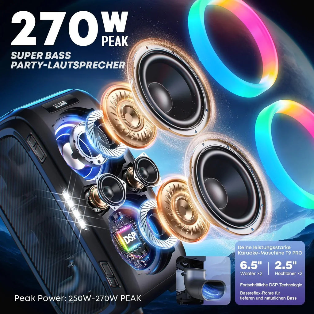 Altavoz Bluetooth W-KING 270W Peak Partybox 125dB, 12 bajos, 2 woofers de 16,5 cm, super graves, entrada de micrófono y guitarra, USB, AUX, batería.