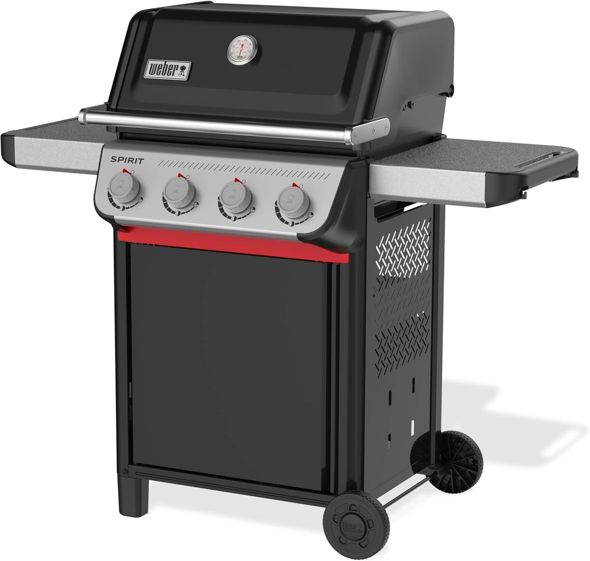 Barbacoa de gas Weber Spirit E-410 / 4 quemadores, encendido piezoeléctrico, ruedas robustas y rejilla de calentamiento, superficie de cocción de 51 x 46 cm, compatible con mesas laterales Weber Works, negro/plata