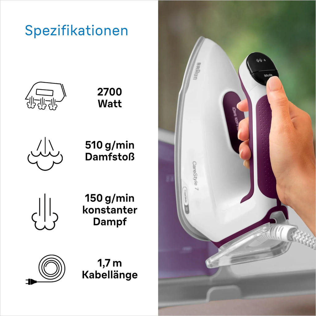 Centro de planchado Braun Household CareStyle 7 IS 7266 VI FreeGlide 3D iCare golpe de vapor 550 g/min depósito 2L 2700 W blanco violeta