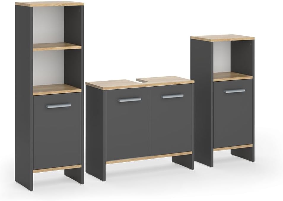 Set de muebles de baño Vicco Karli, antracita/roble dorado, 131.4 cm, compuesto por mueble bajo lavabo, armario con espejo y armario columna