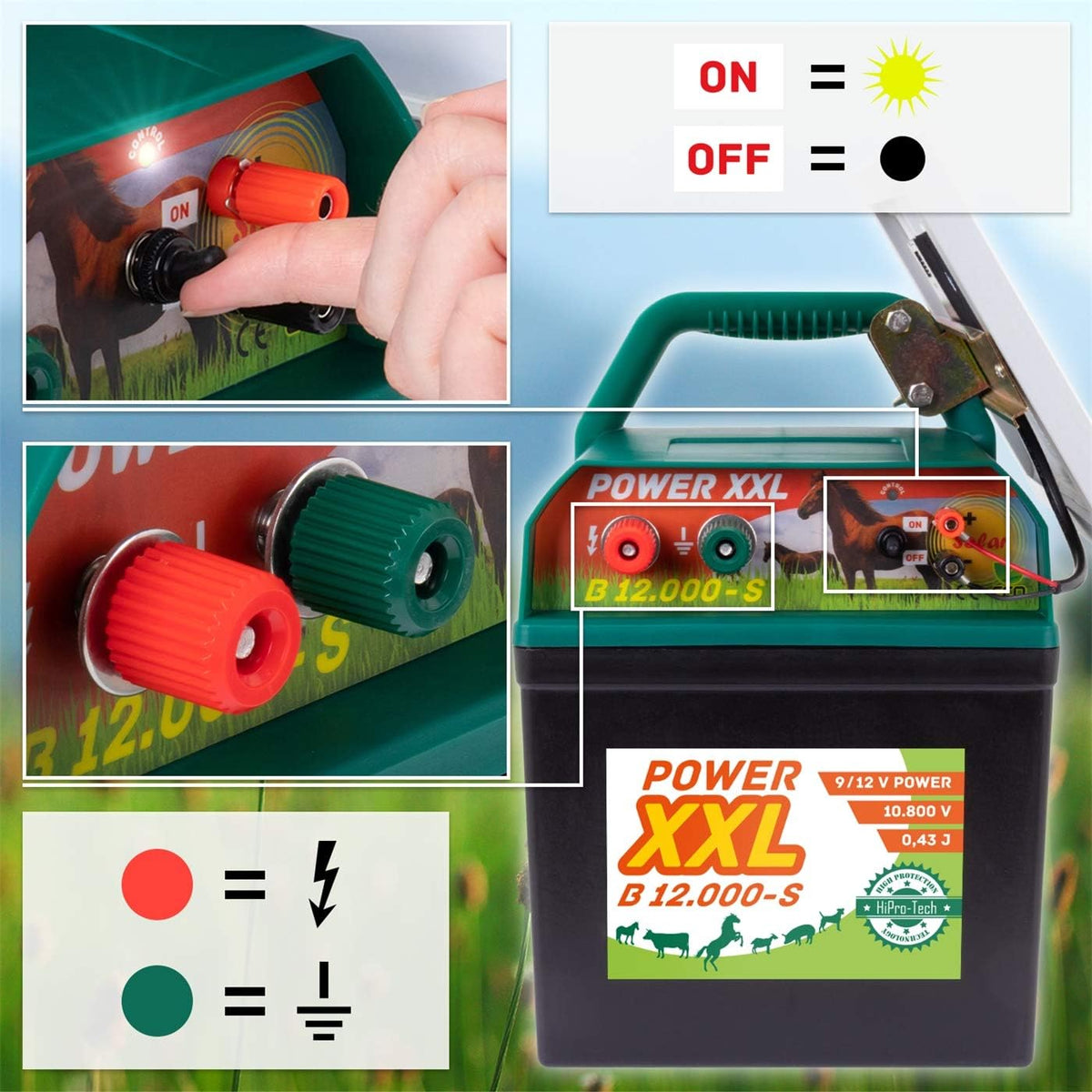 VOSS Power XXL B 12.000-S, 10.800V Potente pastor eléctrico solar 9V 12V, incl. batería de 55Ah y señal de advertencia, módulo solar de alta eficacia, para caballos, ponis, perros, gatos, garzas, ganado, cerdos