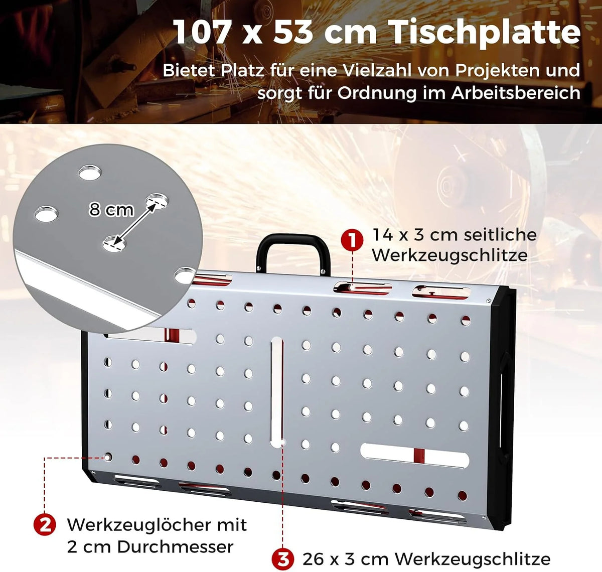 COSTWAY stół warsztatowy składany, stół roboczy z regulacją wysokości 107 x 53 cm z udźwigiem 450 kg, stół spawalniczy warsztatowy z 2 uchwytami zaciskowymi i uchwytem transportowym, stół narzędziowy