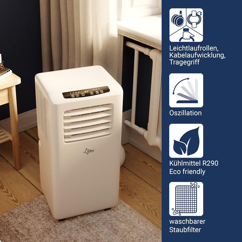 SUNTEC Aire acondicionado portátil Impuls 2.6 Eco R290 – Aire acondicionado móvil y silencioso con tubo de escape – Enfriador y deshumidificador para habitaciones de hasta 34 m² – Refrigeración móvil para hogar y oficina – 9.000 BTU | 2600 vatios