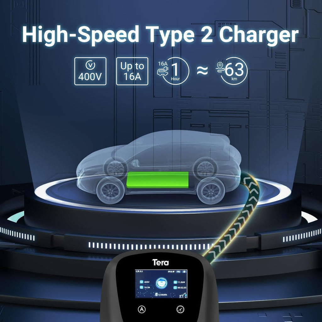 Cargador de vehículo eléctrico inteligente Tera Wallbox Tipo 2 con APP 11kW 16A 400V CE&TÜV, WiFi y Bluetooth, cable de carga de 7m con soporte, Wallbox para el hogar, enchufe CEE trifásico para EV y PHEV W01 Negro