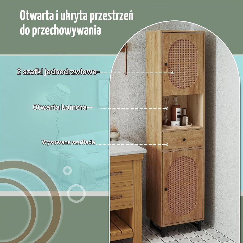 LIFEZEAL Szafka łazienkowa z 2 drzwiami rattanowymi, wysoka szafka toaletowa z regulowanymi półkami, metalowe nóżki, 40x30x170 cm, do łazienki, salonu, kuchni, naturalna