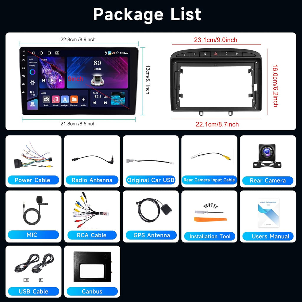 Autorradio Android 4G+64G para Peugeot 308 308SW 408 2007-2015, Radio con CarPlay y Android Auto inalámbricos, pantalla táctil de 9 pulgadas Hodozzy, navegación GPS, WiFi, DSP FM/RDS, radio 2 DIN + cámara