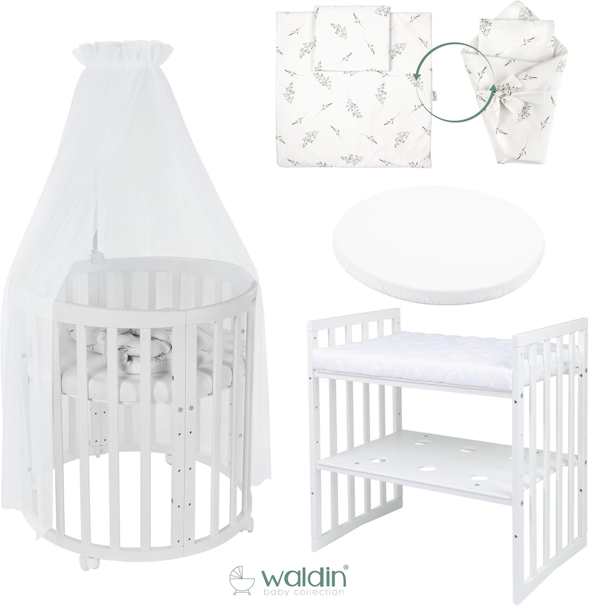 Cuna ovalada evolutiva Waldin, set completo 7 en 1, cuna de barrotes, cama infantil con colchón, cambiador, cuna colecho, madera blanca