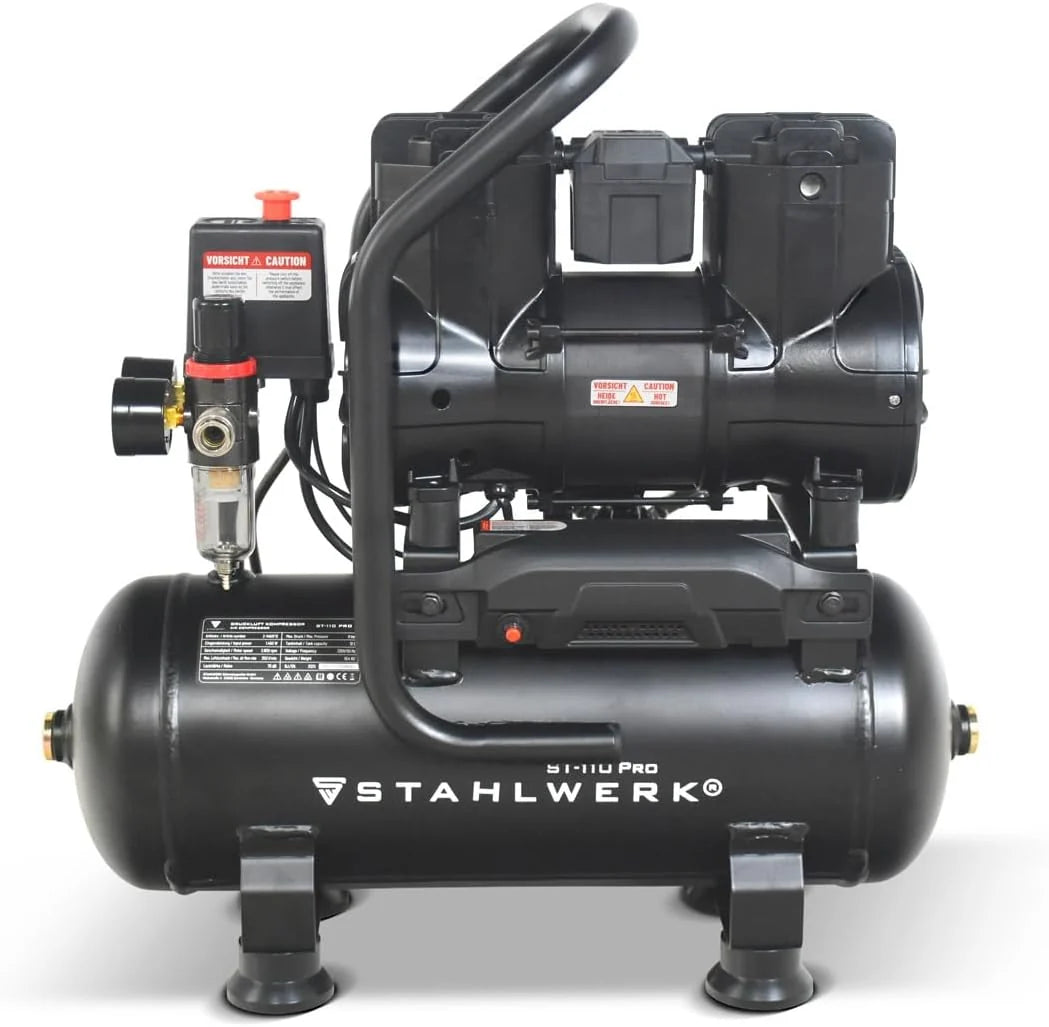 STAHLWERK ST-110 Pro kompresor 10 l, bezolejowy i cichy, 8 bar, sprężarka sprężonego powietrza z silnikami bezszczotkowymi, 1,97 KM, 1,45 kW, 250 l/min, cicha sprężarka, kompresor tłokowy, sprężarka