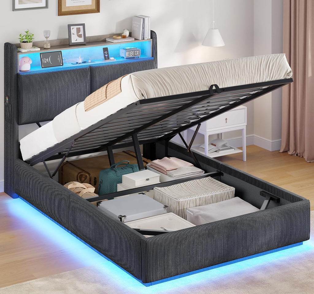 AOGLLATI Cama 90x200 con almacenamiento hidráulico, cama juvenil 90x200 con iluminación LED y estación de carga, cama tapizada individual, cama infantil con cabecero con almacenamiento, sin colchón (gris oscuro, 90x200 cm)