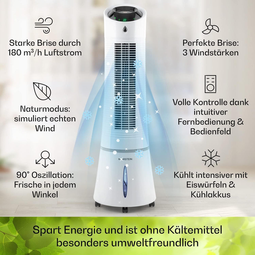 Klarstein 4 en 1: Enfriador de aire inteligente, ventilador, humidificador e ionizador I Depósito de agua de 6 L, oscilación, 30 W, 210 m³/h, temporizador I Aire acondicionado sin tubo de escape, aire acondicionado portátil, negro-oro rosa