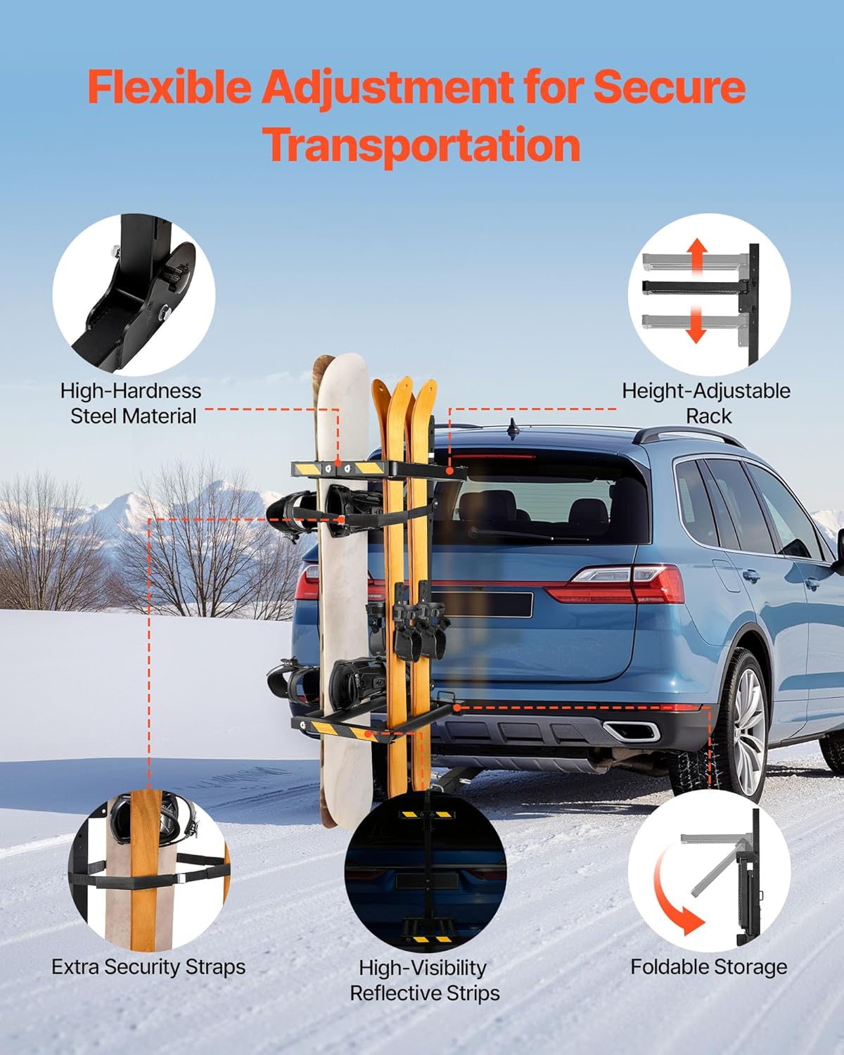 Portaesquís de remolque plegable VEVOR, compatible con receptor de 5 cm, soporte ajustable para tablas de snowboard, capacidad para 6 pares de esquís o 4 tablas, con cerradura, correa de seguridad, acceso inclinable