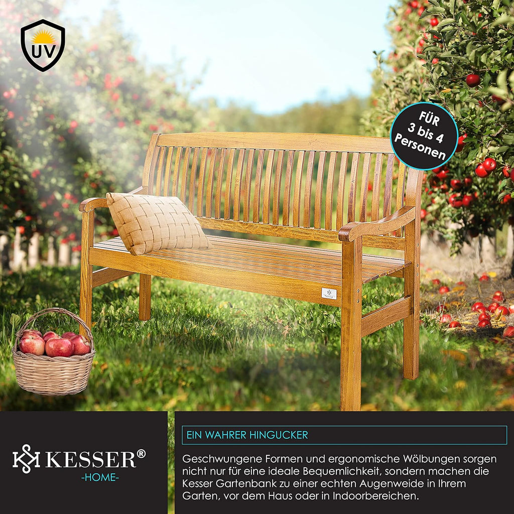 KESSER® Banco de jardín de madera, resistente a la intemperie | Para 3 a 4 personas | Banco de parque de madera maciza | Banco con capacidad de carga de 320 kg, 150 cm | Banco para balcón, terraza y jardín, incl. funda, marrón claro