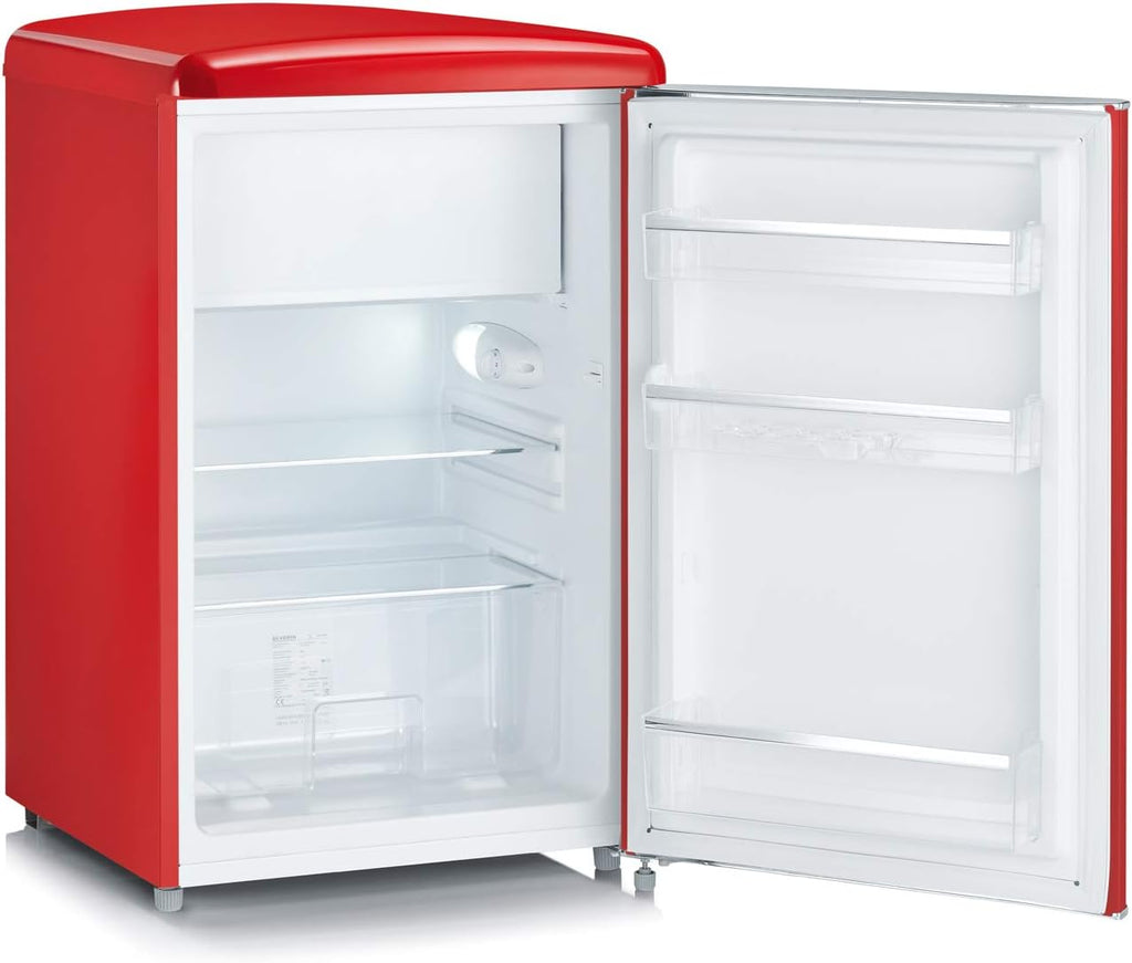 Mini refrigerador retro SEVERIN, incluye opción de refrigeración que ahorra espacio, 2 estantes ajustables en altura, compartimento congelador integrado, extremadamente silencioso - 37 dB, 108 L de capacidad útil, rojo, RKS 8830