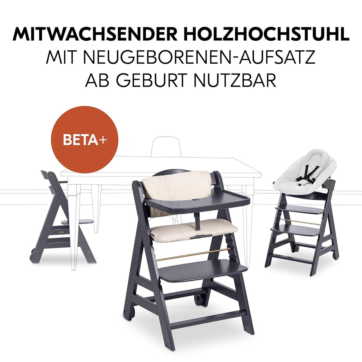 hauck Trona Beta+ Newborn Set Premium Dark Grey - Set de trona para bebé desde el nacimiento con accesorio para recién nacido Bouncer, cojín de asiento y bandeja - Gris oscuro