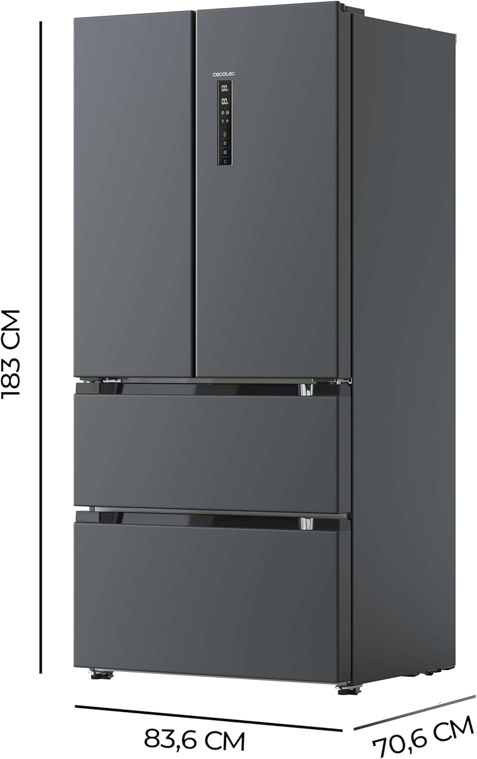 Frigorífico French Door Cecotec Dark 510 L Bolero CoolMarket FD 510 Dark E. 183 cm de alto, 84 cm de ancho, motor Inverter Plus, refrigeración y congelación rápidas, MultiAirFlow, Total NoFrost