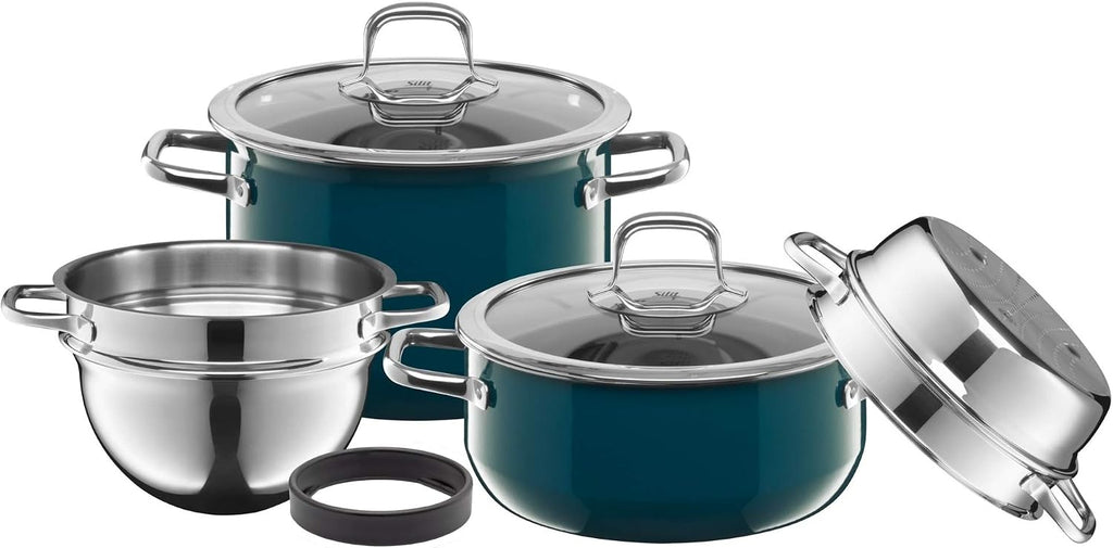 Juego de ollas Silit Compact, 4 piezas, apto para inducción, set de ollas con tapa de cristal, cerámica funcional Silargan, ollas para inducción sin níquel, color petróleo