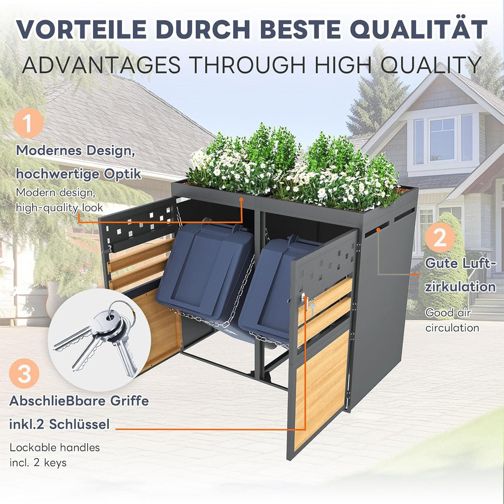 Cubo para 4 contenedores de basura, revestimiento con techo ajardinado para cubos de 120-240 litros, puertas con cerradura, caja de almacenamiento para jardín de acero galvanizado inoxidable, antracita, 264 x 80 x 125 cm