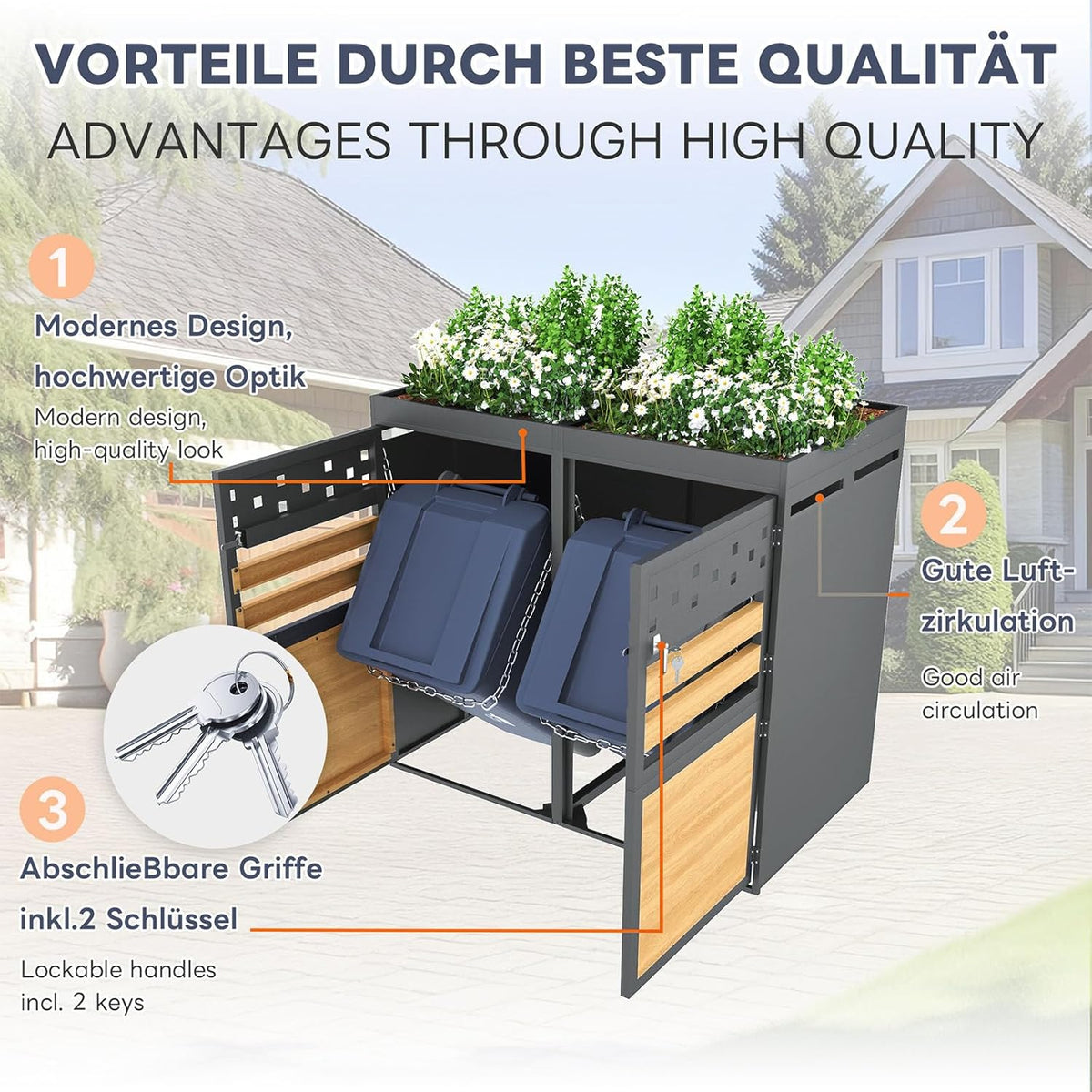 Cubo para 4 contenedores de basura, revestimiento con techo ajardinado para cubos de 120-240 litros, puertas con cerradura, caja de almacenamiento para jardín de acero galvanizado inoxidable, antracita, 264 x 80 x 125 cm