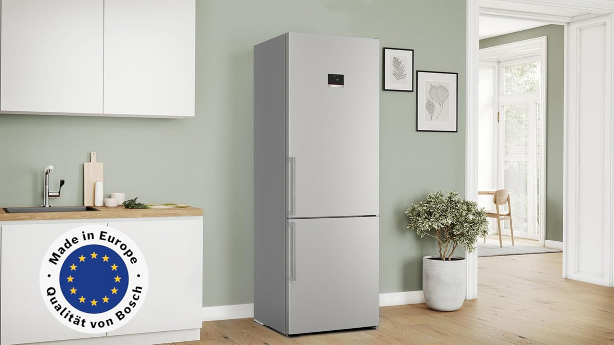 Frigorífico combi Bosch XXL Serie 6, 203 x 70 cm, 311 L de refrigeración y 129 L de congelación, NoFrost, VitaFresh XXL, interior flexible, balda abatible, Perfect Fit, acero cepillado, KGN49AIBT
