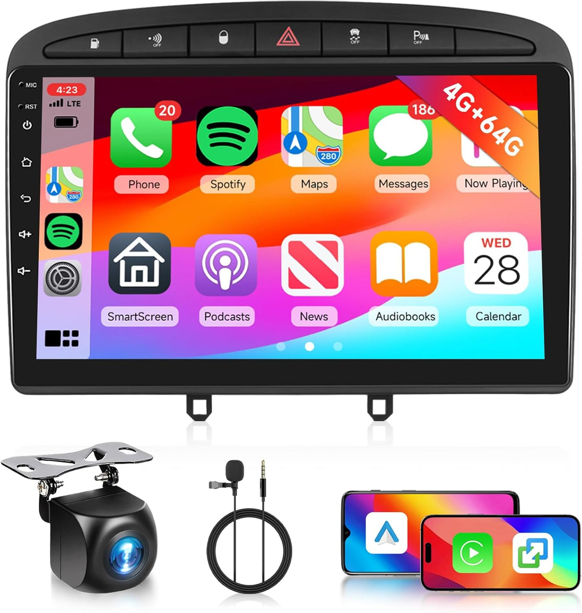Autorradio Android 4G+64G para Peugeot 308 308SW 408 2007-2015, Radio con CarPlay y Android Auto inalámbricos, pantalla táctil de 9 pulgadas Hodozzy, navegación GPS, WiFi, DSP FM/RDS, radio 2 DIN + cámara
