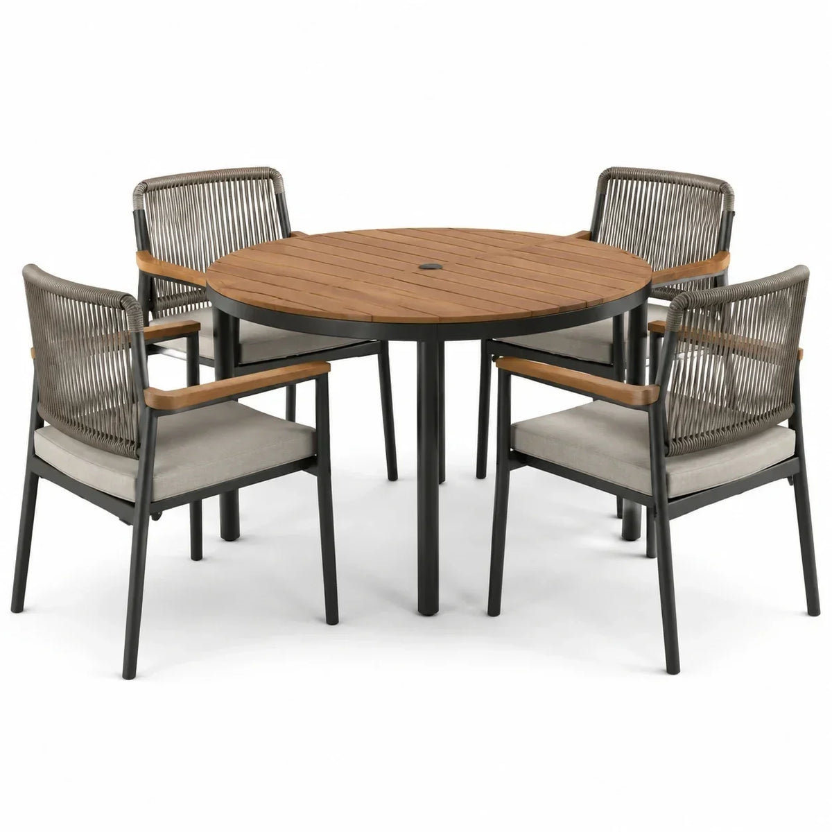 Juego de comedor redondo para jardín de aluminio y teca con 4 sillas
