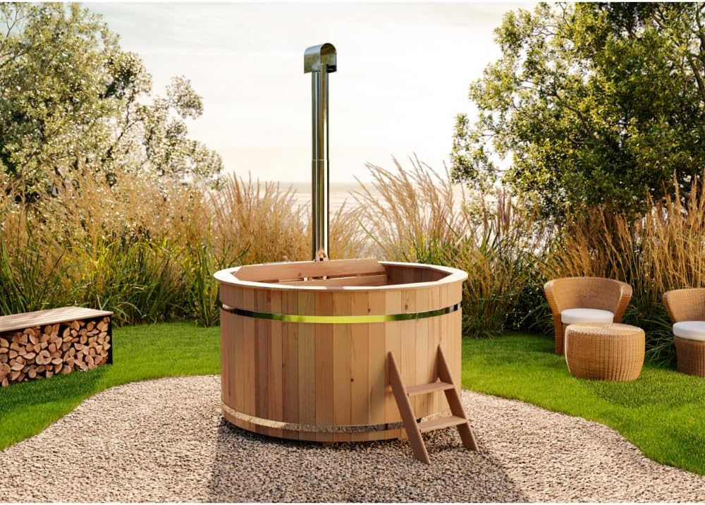 Tina de baño de madera Bergen, Hot Tub Ø 160 x 110 cm, incl. estufa de acero inoxidable de 22 kW y escalera de acceso, 3-4 personas, piscina, tina de baño, hidromasaje