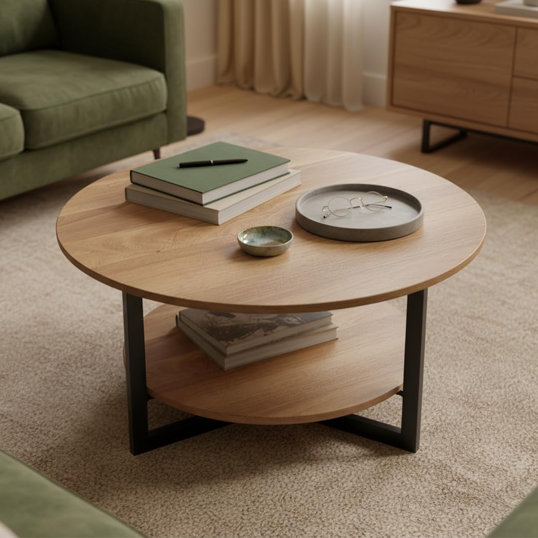 Mesa de centro redonda skølm Drakkar Ø70 cm – Mesa de salón de madera maciza de roble y estructura de metal – Mesa de sofá con 2 estantes – Mesa auxiliar pequeña aceitada – Mesa de madera para salón con espacio de almacenamiento – Mesa de centro