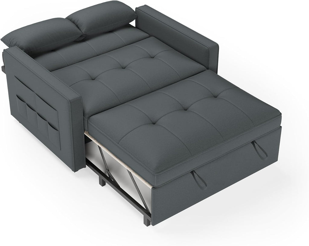 Sofá cama LUXOAK 186 x 122 cm con respaldo ajustable en 5 niveles, sofá cama 3 en 1 con cojines y bolsillo lateral, sofá de lino gris para habitación de invitados y espacios pequeños