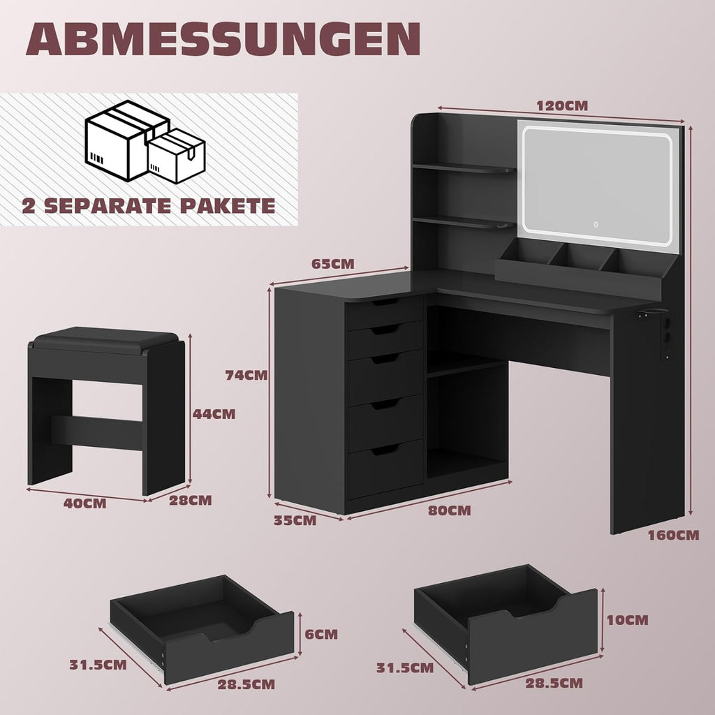 JUMMICO Tocador con espejo y luces, tocador esquinero en forma de L con iluminación LED de 3 colores, mesa de maquillaje de 120 cm de ancho con 5 cajones y enchufes, negro