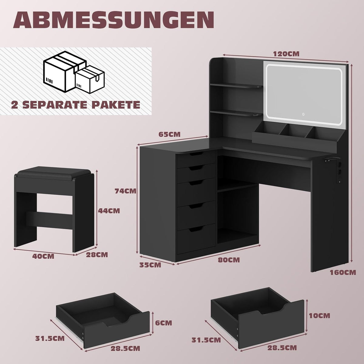 JUMMICO Tocador con espejo y luces, tocador esquinero en forma de L con iluminación LED de 3 colores, mesa de maquillaje de 120 cm de ancho con 5 cajones y enchufes, negro