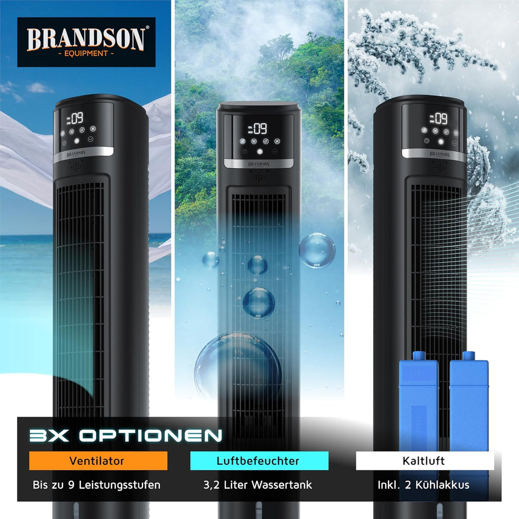 Brandson – enfriador de aire portátil con refrigeración por agua y diseño ECO - Motor CC muy silencioso - 60% de ahorro energético - Ganador en ventiladores y enfriadores de aire 2026 - Ventilador de torre – Oscilación – Función de iones