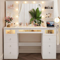 Tocador blanco con espejo iluminado de 23.5”, escritorio con cubierta de vidrio, 9 cajones, 3 colores de luces tipo Hollywood, 4 repisas, acrílico y toma de corriente, mesa de maquillaje para dormitorio