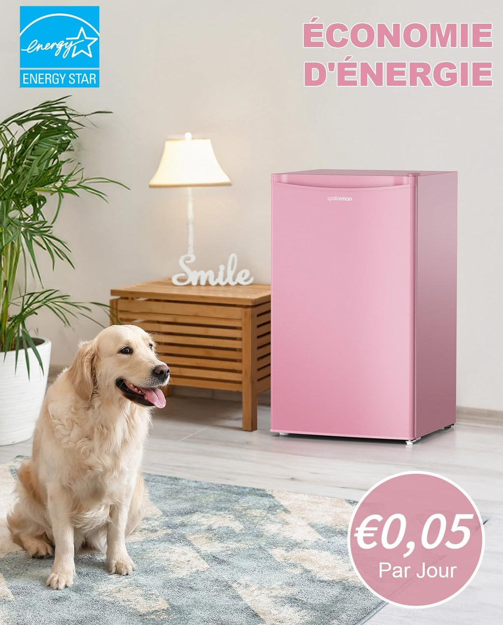 Mininevera Upstreman de 91 L con congelador, termostato ajustable, refrigerador para dormitorio, mininevera para oficina, rosa - BR321
