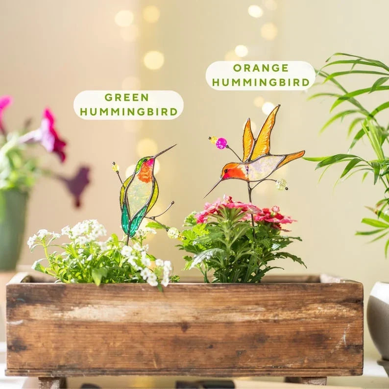 Set de estacas para plantas de colibrí de cristal, decoración floral para interiores, pintado a mano