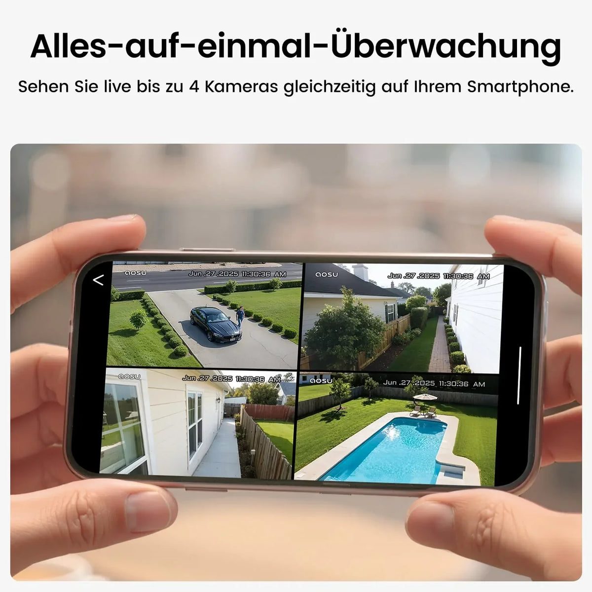 Cámara de seguridad exterior solar aosu D1 2K, 32 GB sin suscripción, PTZ 360°, sistema de 4 cámaras, visión nocturna a color, audio bidireccional, Wi-Fi 2,4/5 GHz