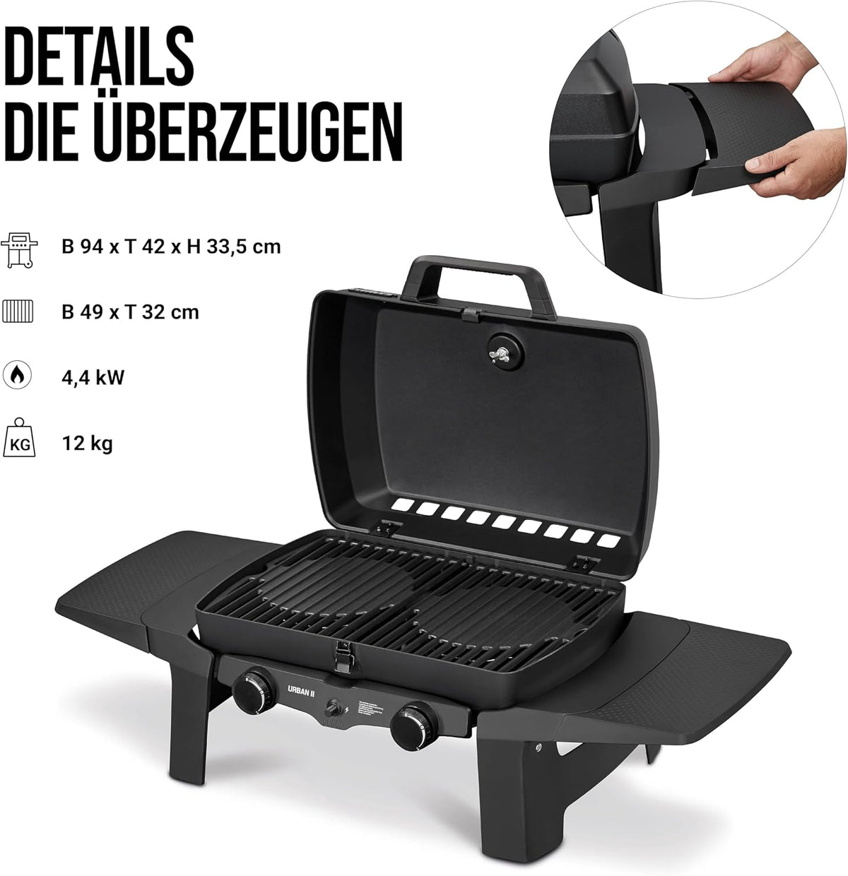 EndersGasgrill Urban II Pro, parrilla de mesa, función de asado, cocción y horneado, 2 quemadores de acero inoxidable, con termómetro para parrilla, parrilla para balcón y camping, carcasa de aluminio fundido, rejilla de hierro fundido, #2062