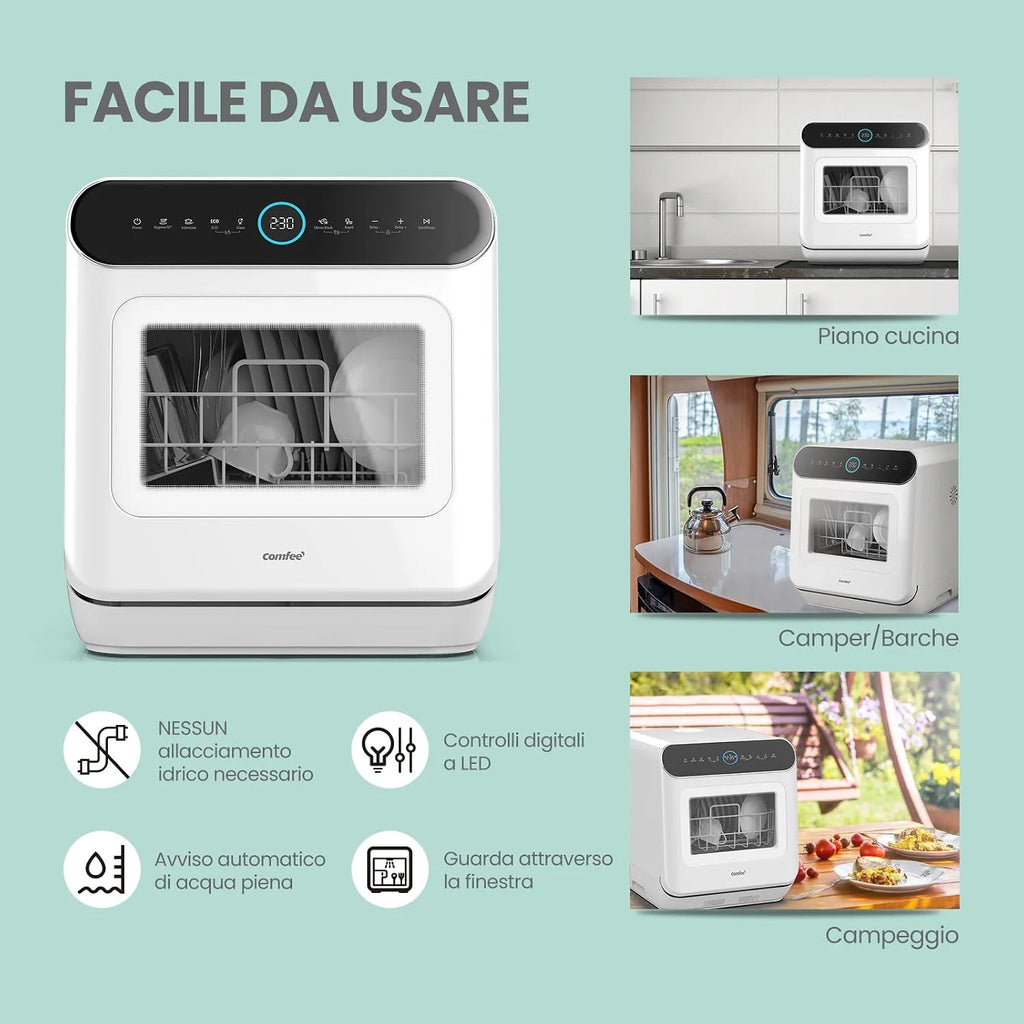COMFEE' Mfd42S110W-It zmywarka wolnostojąca z 3 kocami, 7 programami, dotykiem sterowania, wyświetlaczem LED, opóźnionym startem i funkcją prania poza sezonem, biały
